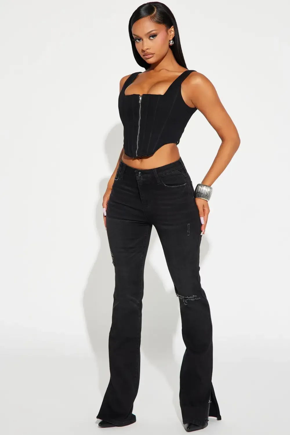 Take Over Stretch Split Hem Bootcut Jeans - Black Wash