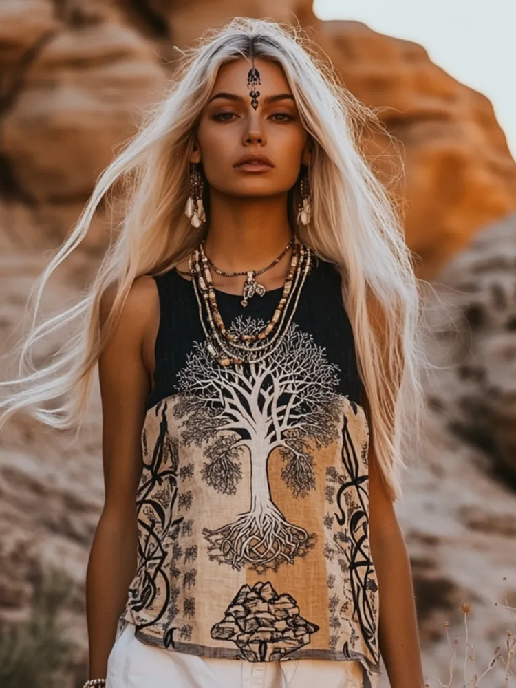 Women's Viking Tree Of Life Tribal With Celtic Knot Pattern Art Linen Sleeveless Top