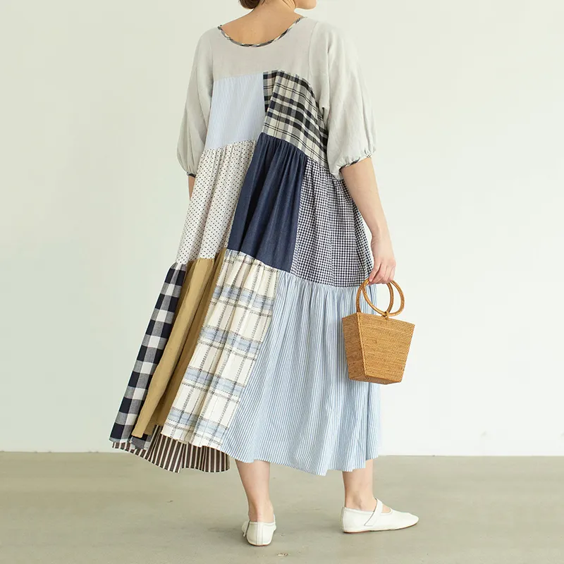 Women’s Vintage Plaid Patchwork Art Mixi Dress