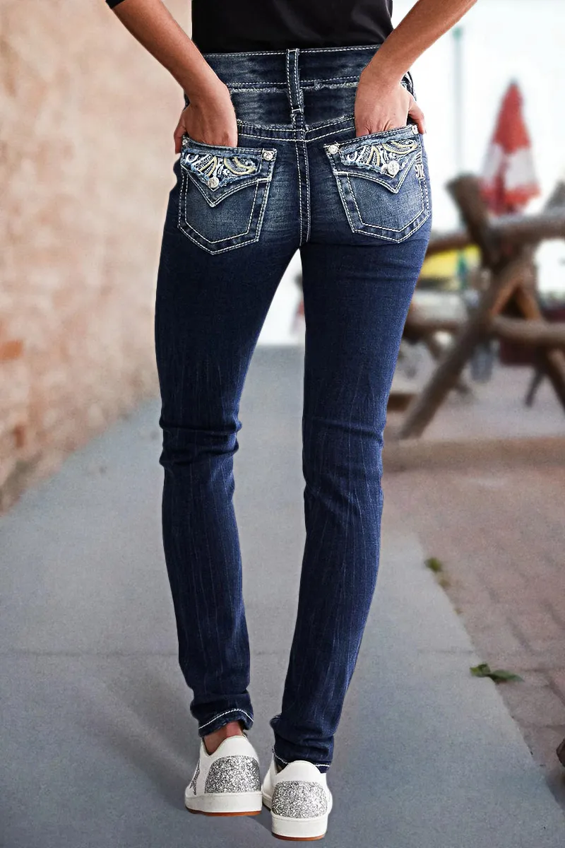 Washed Embroidery Pocket Button Up Mid Rise Skinny Jeans