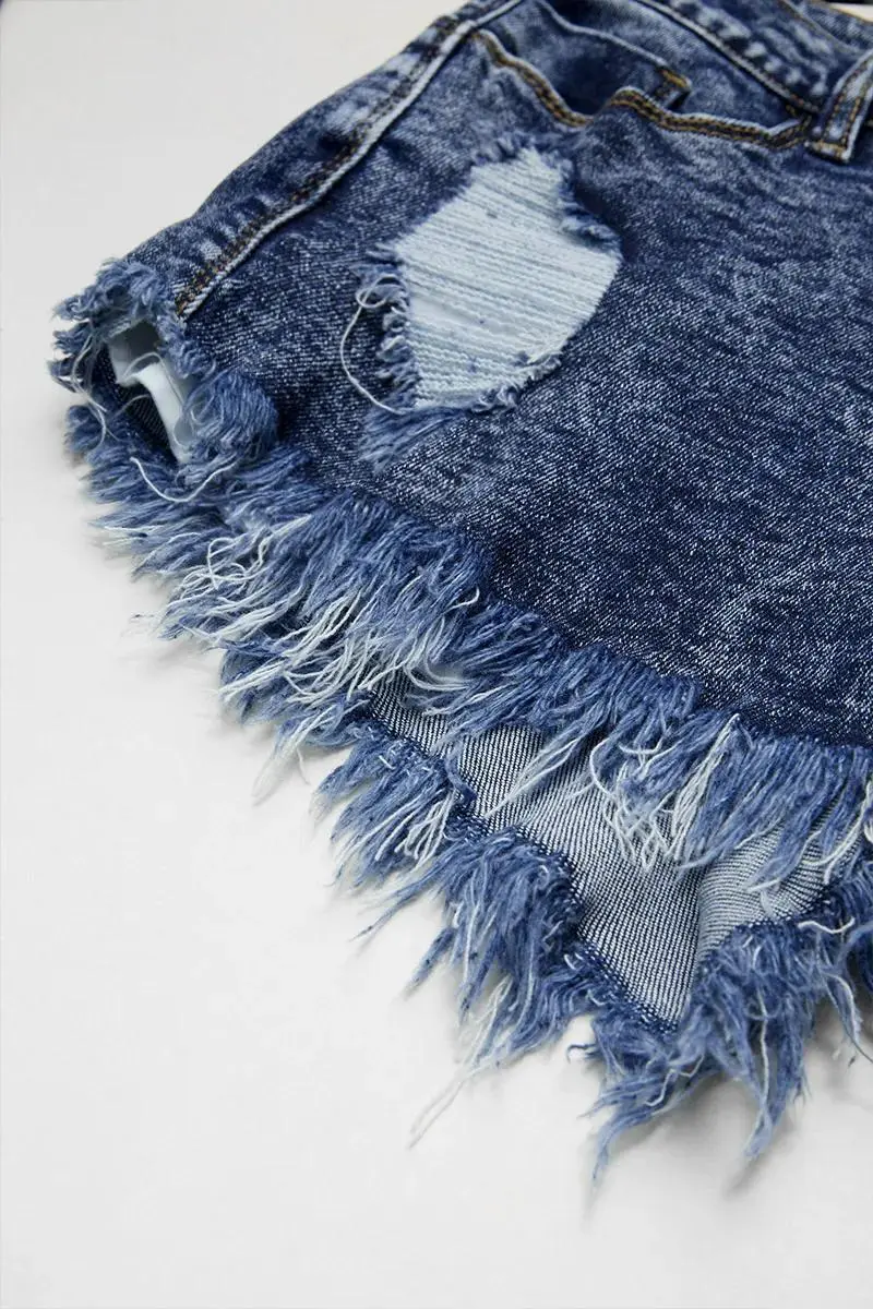 Wash Raw Hem Ripped High Rise Denim Shorts