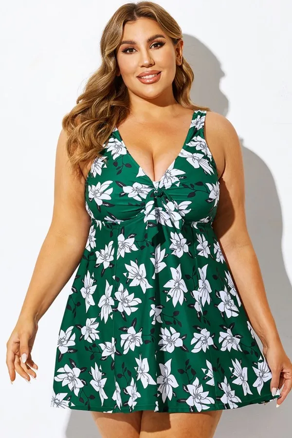 Green Floral Print Tie Front V-Neck Swimdress