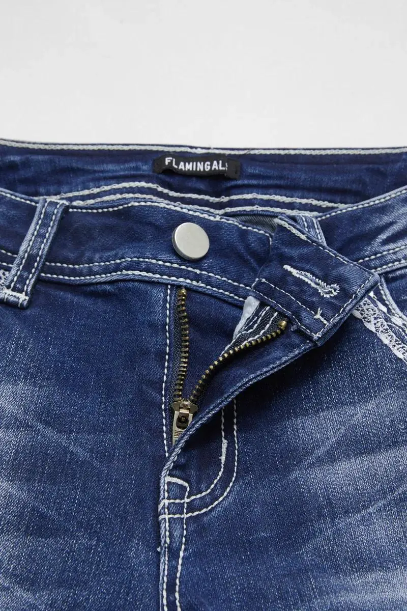 Embroidery Roll Hem Wash High Stretch Low Rise Capri Jeans