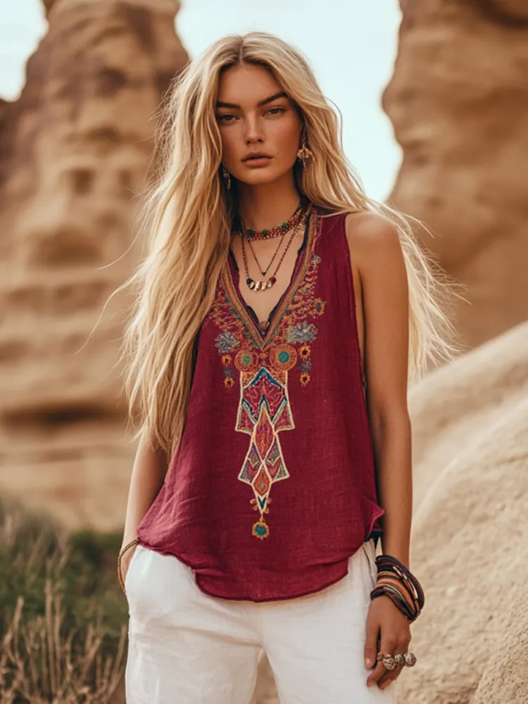 Women's Vintage Bohemia Ethnic Linen V-neek Sleeveless Top