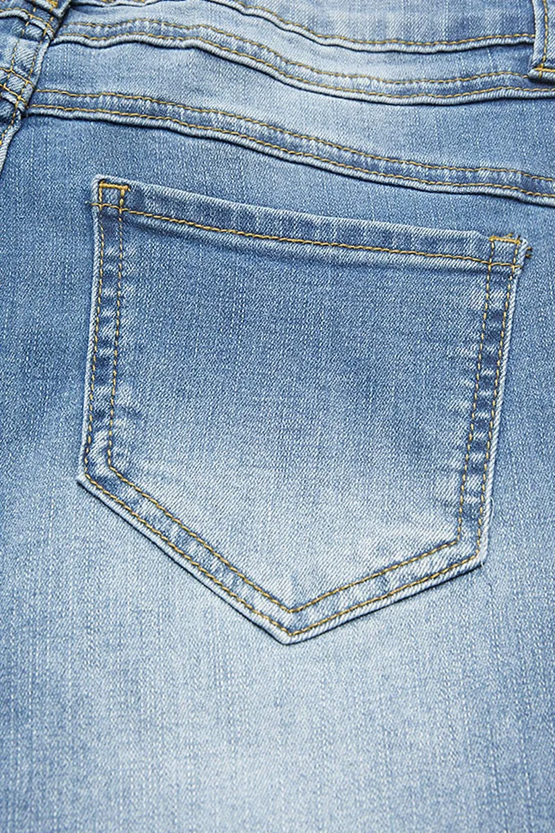 Lace Trim Raw Hem Mid Waist Denim Mid Thigh Shorts