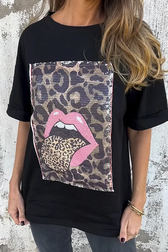 Women's leopard print lip pattern casual T-shirt