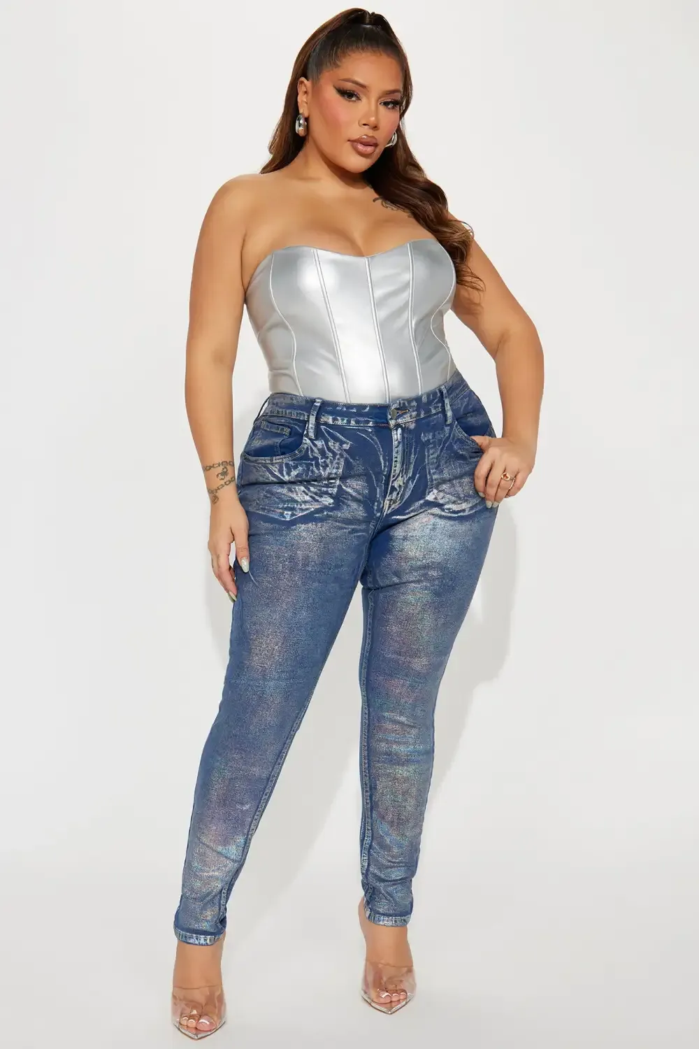 She's Glowing Metallic Foil Stretch Skinny Jeans - Silver