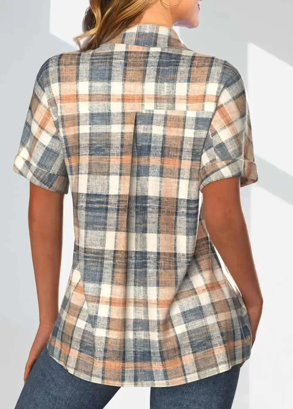 Denim Blue Pocket Short Sleeve Shirt Collar Blouse