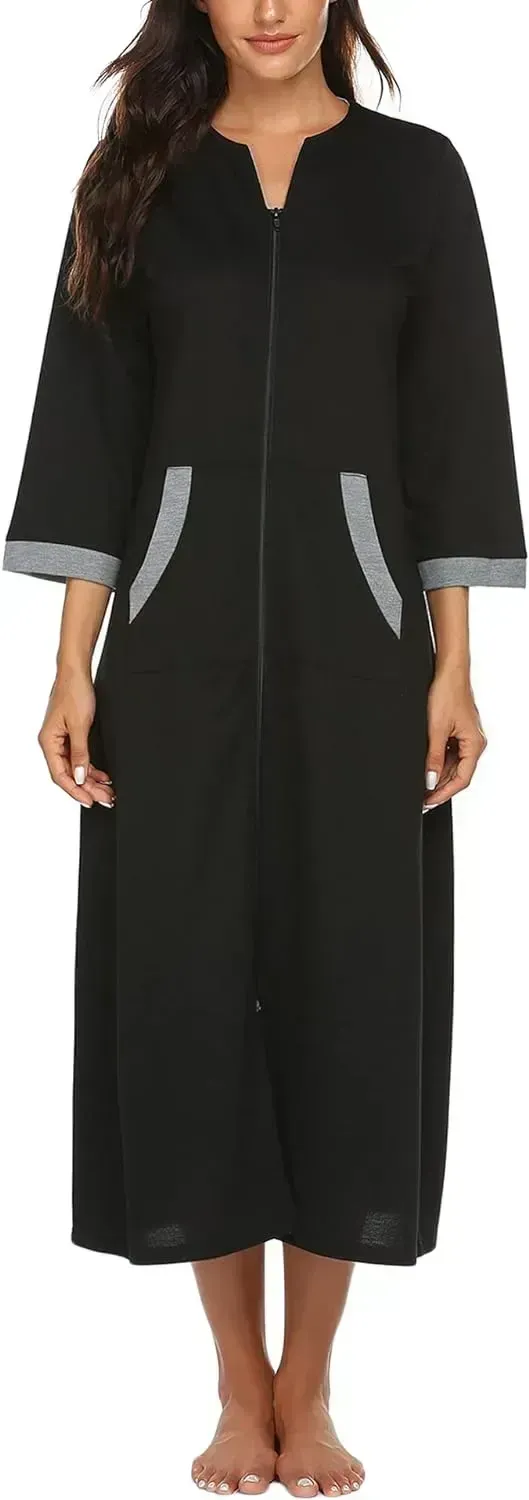 Women Zipper Robe 3/4 Sleeves Loungewear Dress Full Length Sleepwear Pockets Housecoat Nightgown Long Bathrobe