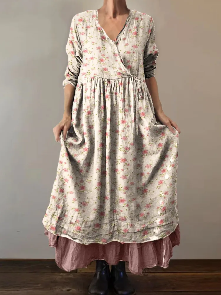 Cottage Floral Pleated Wrap V Neck Maxi Dress