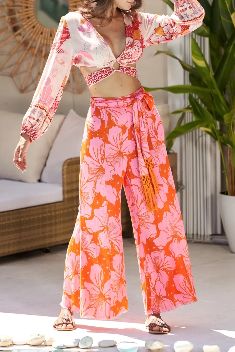 Pink And Orange Floral Print Wide Leg Pants