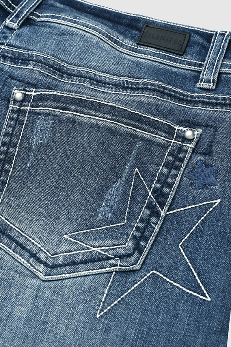 Star Pattern Ripped Raw Hem Mid Rise Denim Shorts