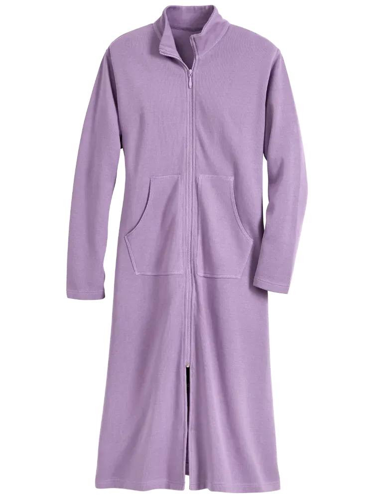 Women's Mini-Rib-Knit Cotton Zip-Front Robe