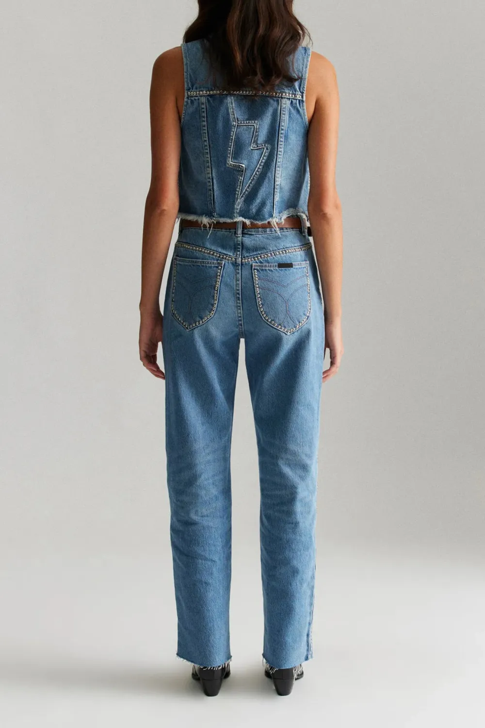 Blue Fashionable Frayed Denim Studs Tank Tops