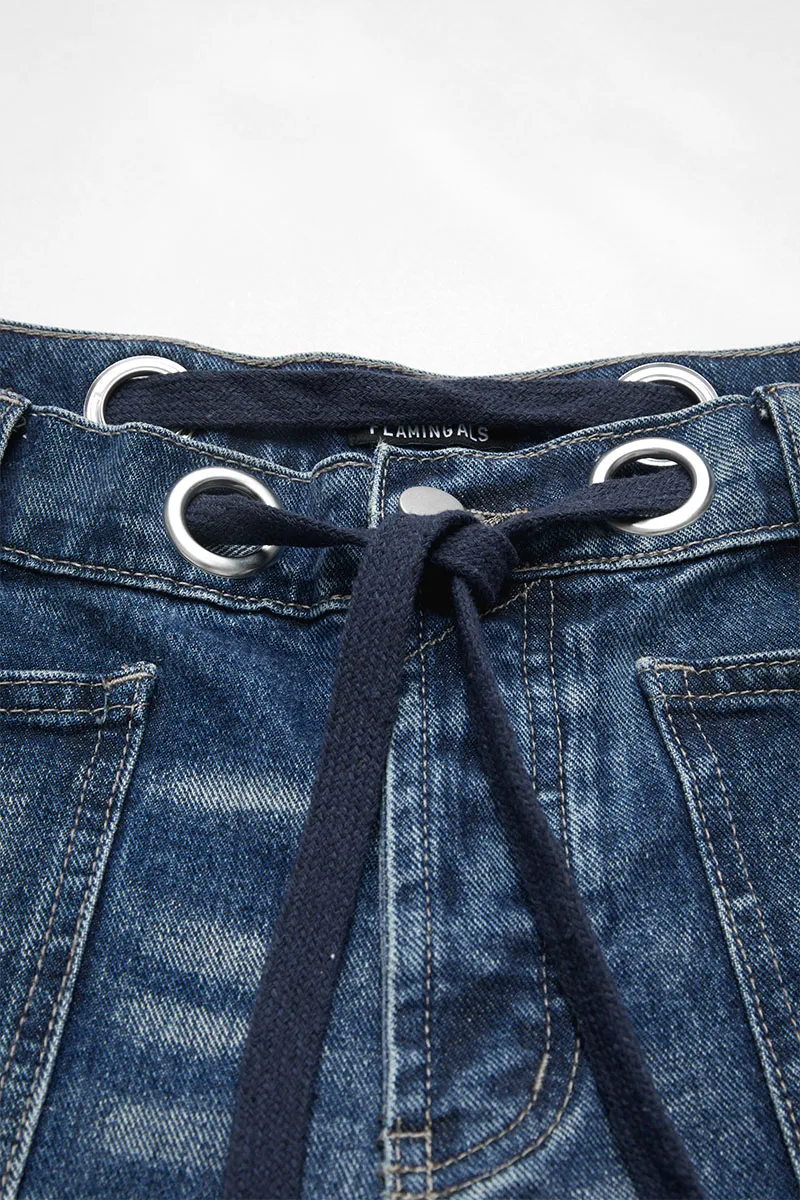 Drawstring Grommet Eyelet Mid Waist Barrel Jeans