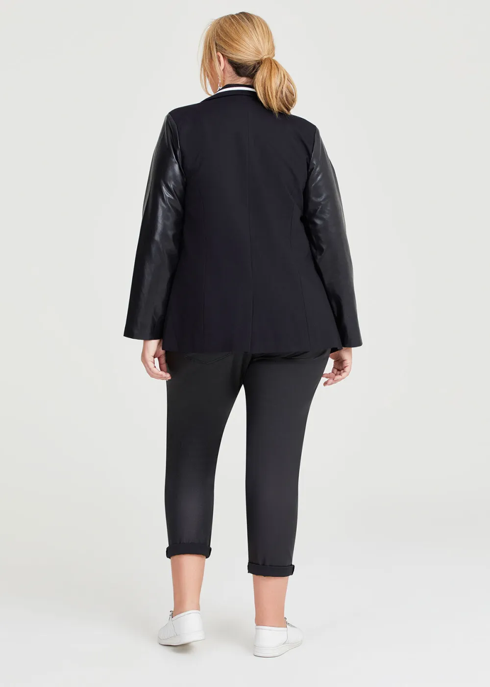 Varsity Ponte Faux Leather Sleeve Blazer