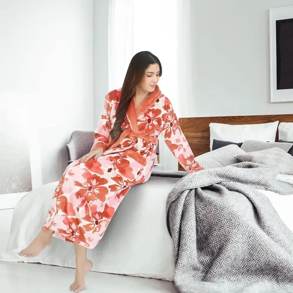 Women Fleece Shawl Collar Bathrobe - Plush Long Robe