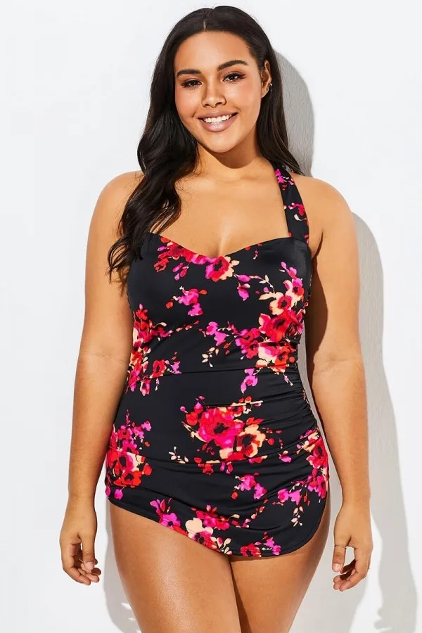 Poppies H-Back Sarong Front One Piece Swimsuit