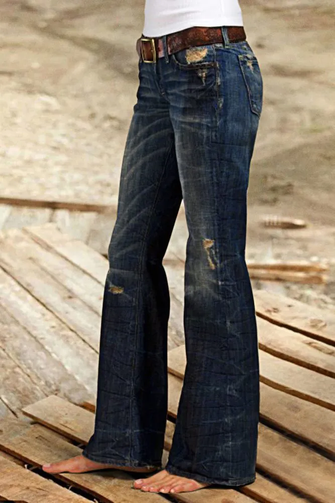 Wash Ripped Low Waist Flare Jeans Without Belt