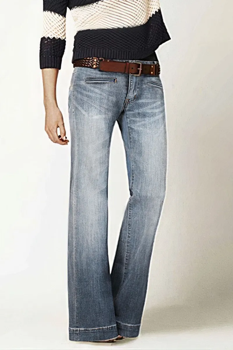 Washed Pocket Detail Low Rise Flare Jeans Without Belt