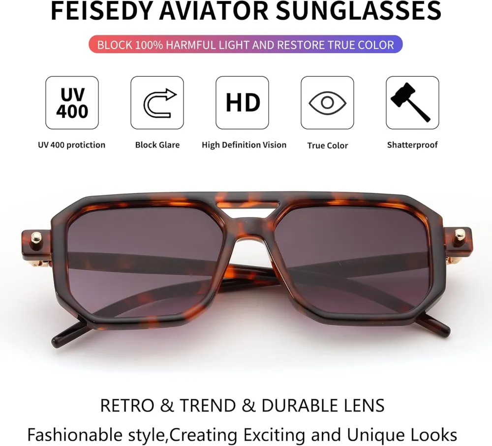 FEISEDY Vintage Square 70s Flat Aviator Sunglasses Women Men Classic Retro Stylish Frame UV400 Sunglasses B2622