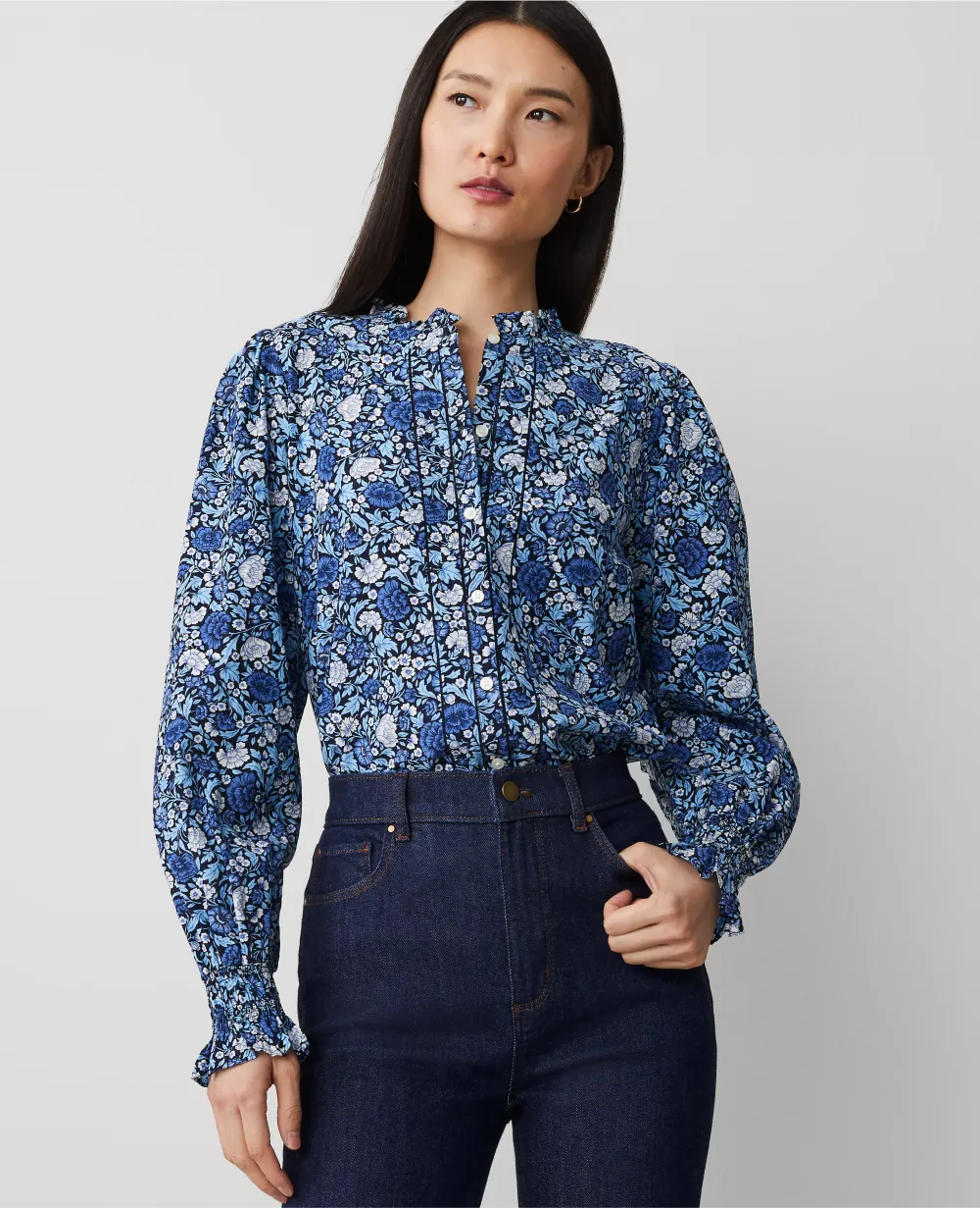 Floral Cutout Smocked Cuff Blouse