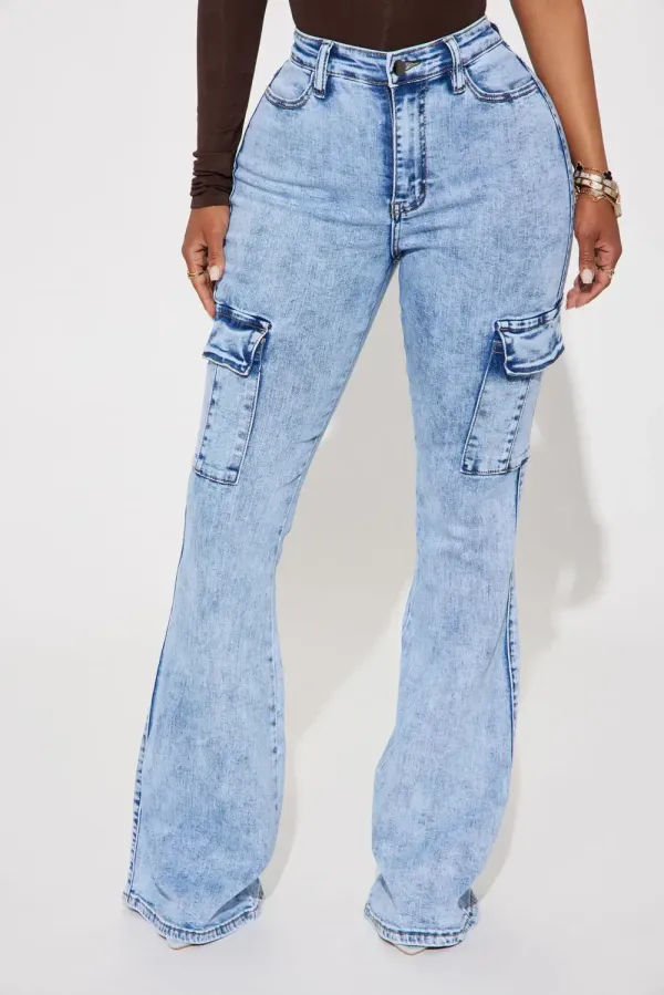 That A Girl Stretch Cargo Flare Jeans - Acid Wash Blue