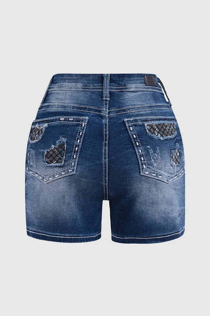 Animal Print Patched Ripped Mid Rise Denim Shorts