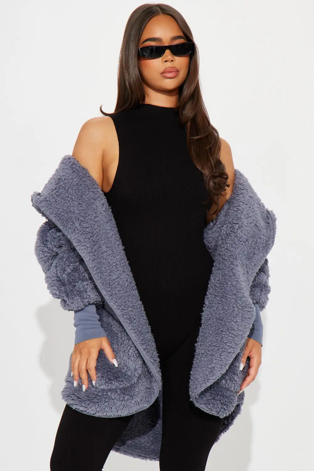Cozied Up Together Faux Sherpa Jacket - Slate Blue