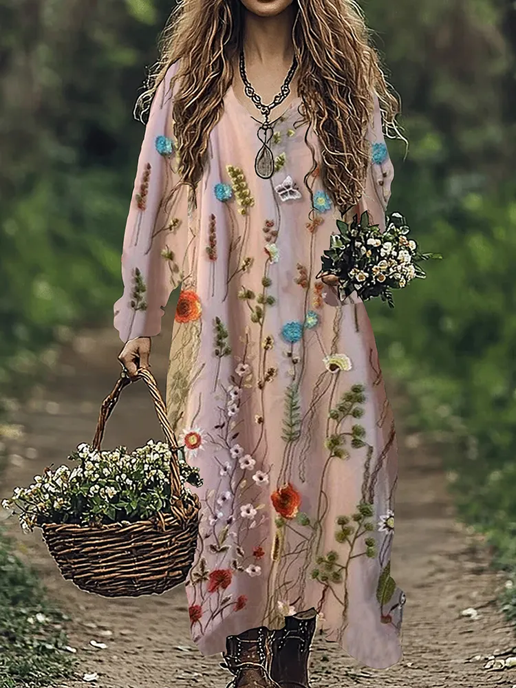 Cozy Floral Embroidery Art Linen Blend Maxi Dress