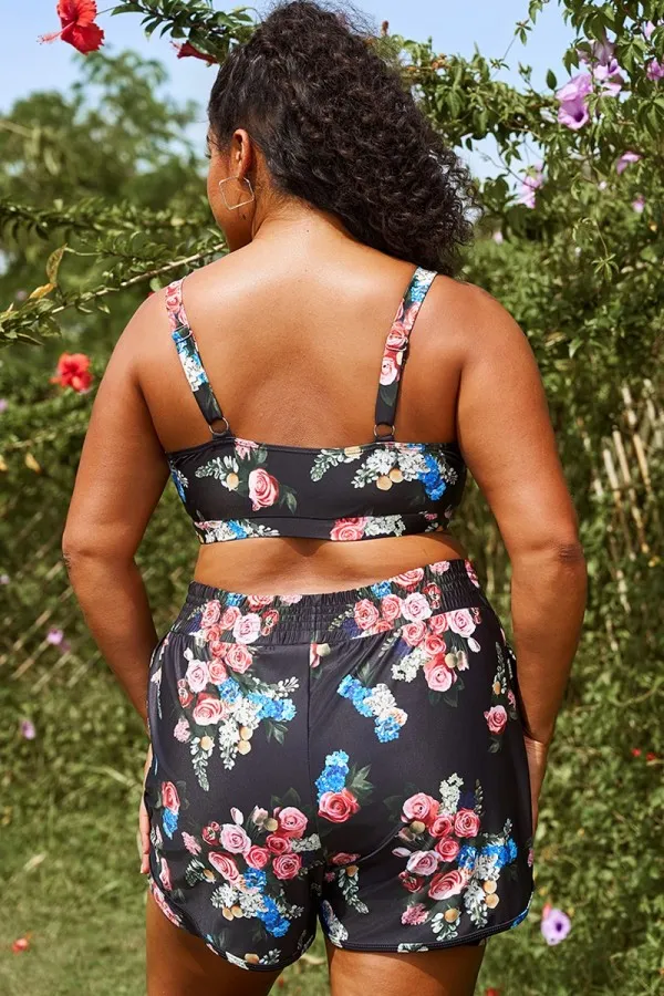 Floral Print Round Neck Wide Strap Bikini Top