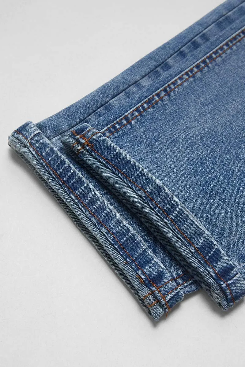 Roll Hem Mid Waist Crop Straight Leg Jeans Without Belt