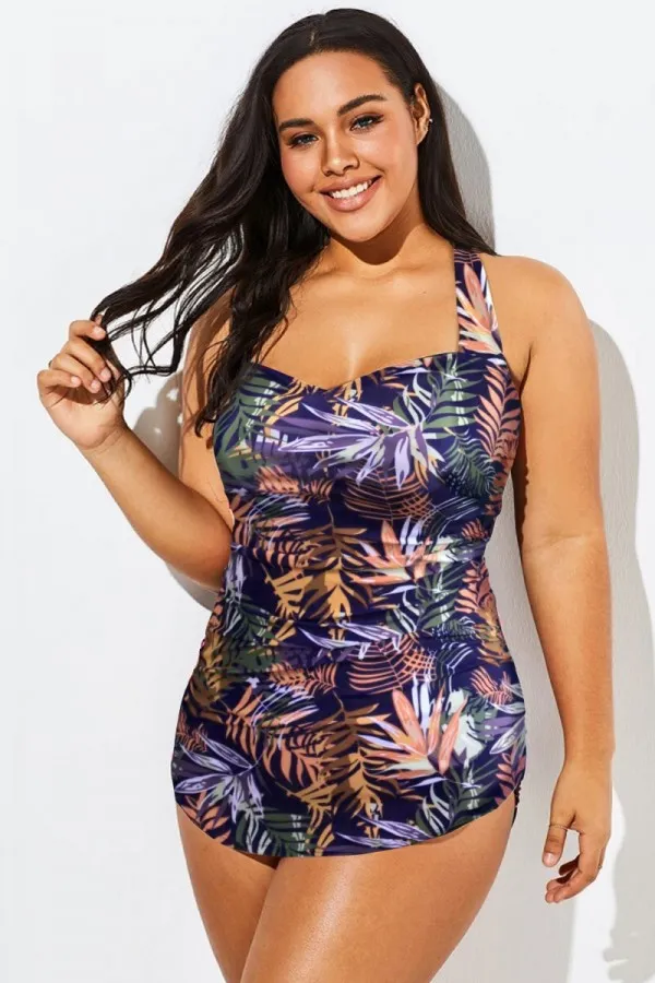 Tropical Print Sarong Front One Piece Swimsuit