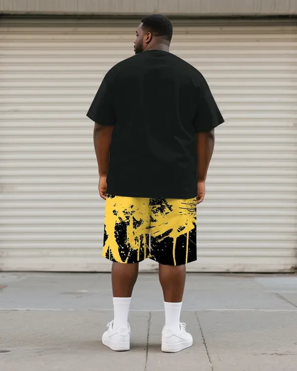 Big Tall Men'S Yellow Graffiti Teeth Print Round Neck Short Sleeve T-Shirt Shorts Suit