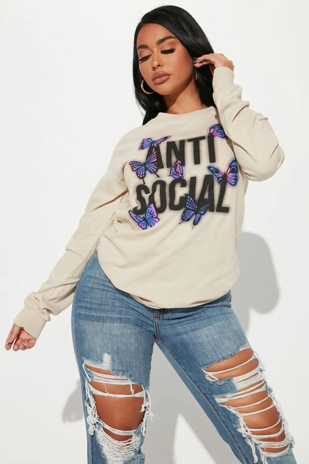 Remaining Anti Social Butterfly Long Sleeve Top - Taupe