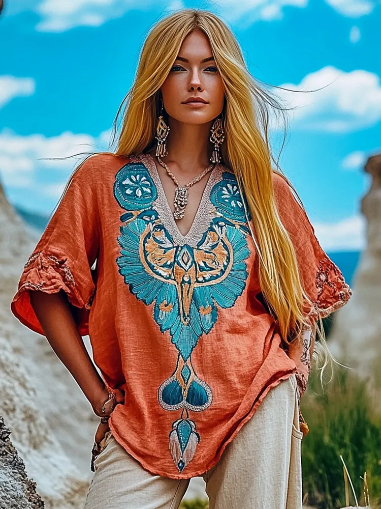 Vintage Tribal Sheep Head Embroidery Art V-neck Linen T-shirt