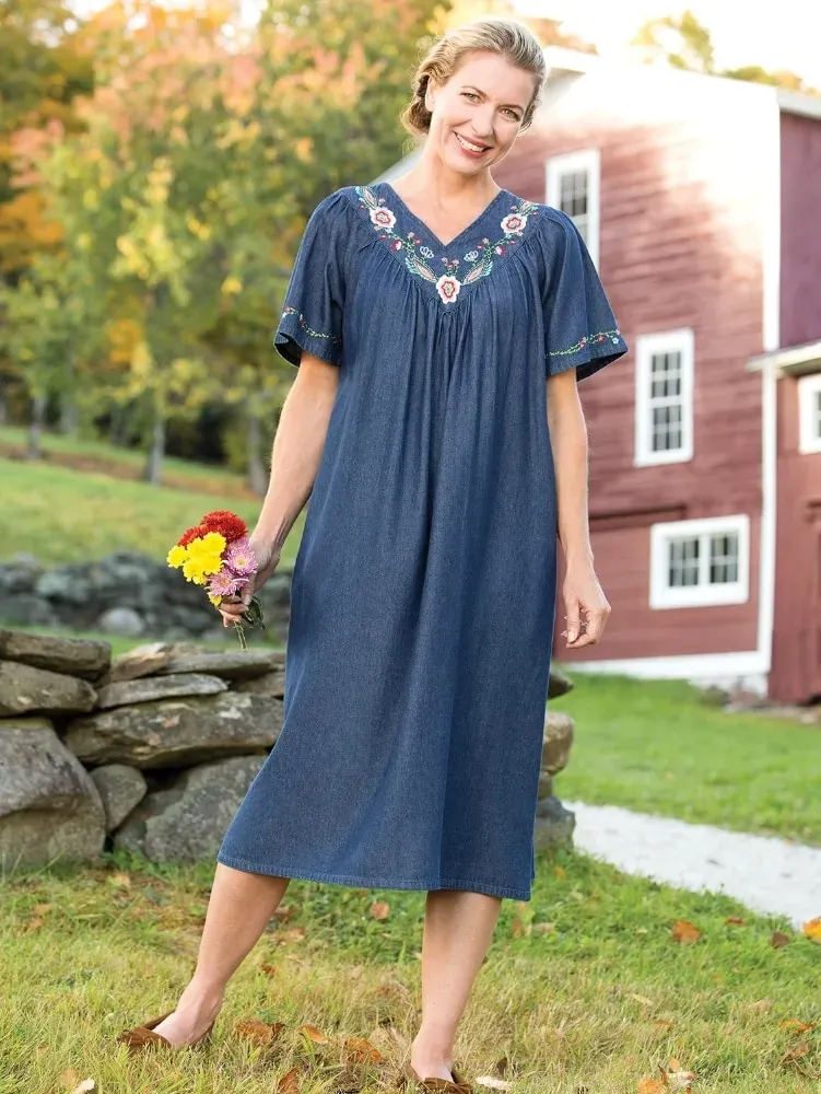 Embroidered Cotton Denim Muumuu With Flutter Sleeves