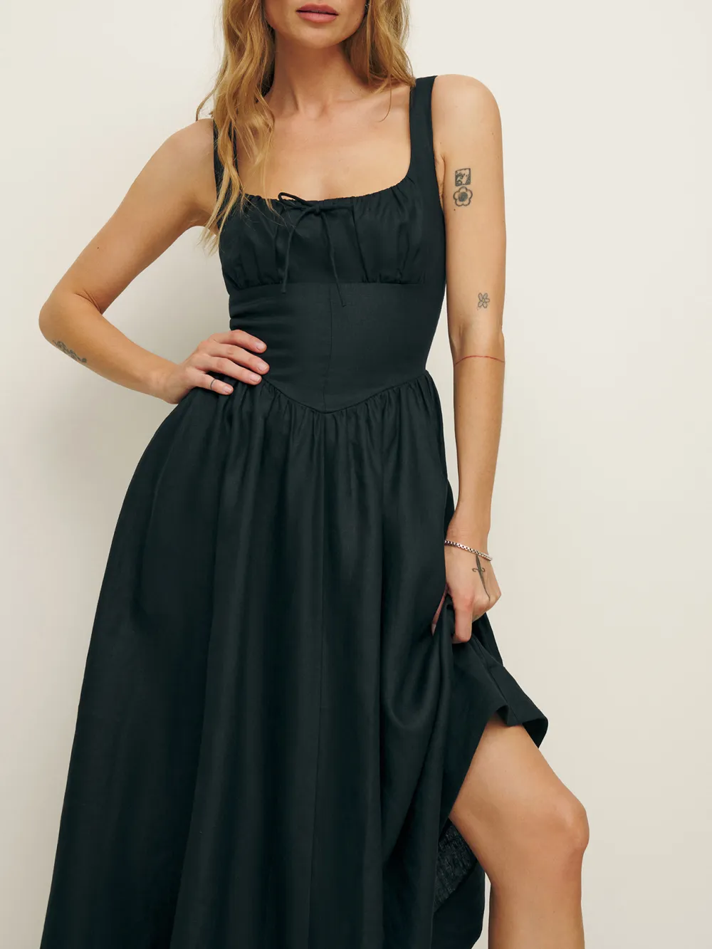 Square Neck Linen A Line Midi Dress