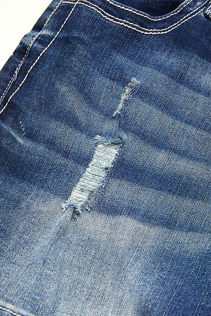 Wash Ripped Roll Hem Mid Rise Denim Shorts