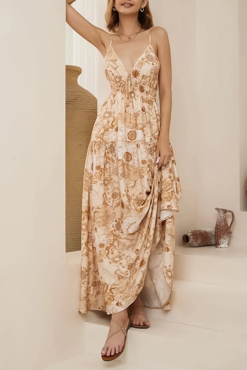 Light Khaki Floral Print Strapless Maxi Dress