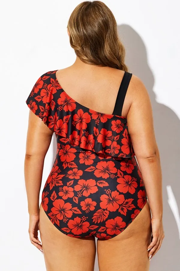 Red Floral Print Flounce Panel One Piece Swimsuit