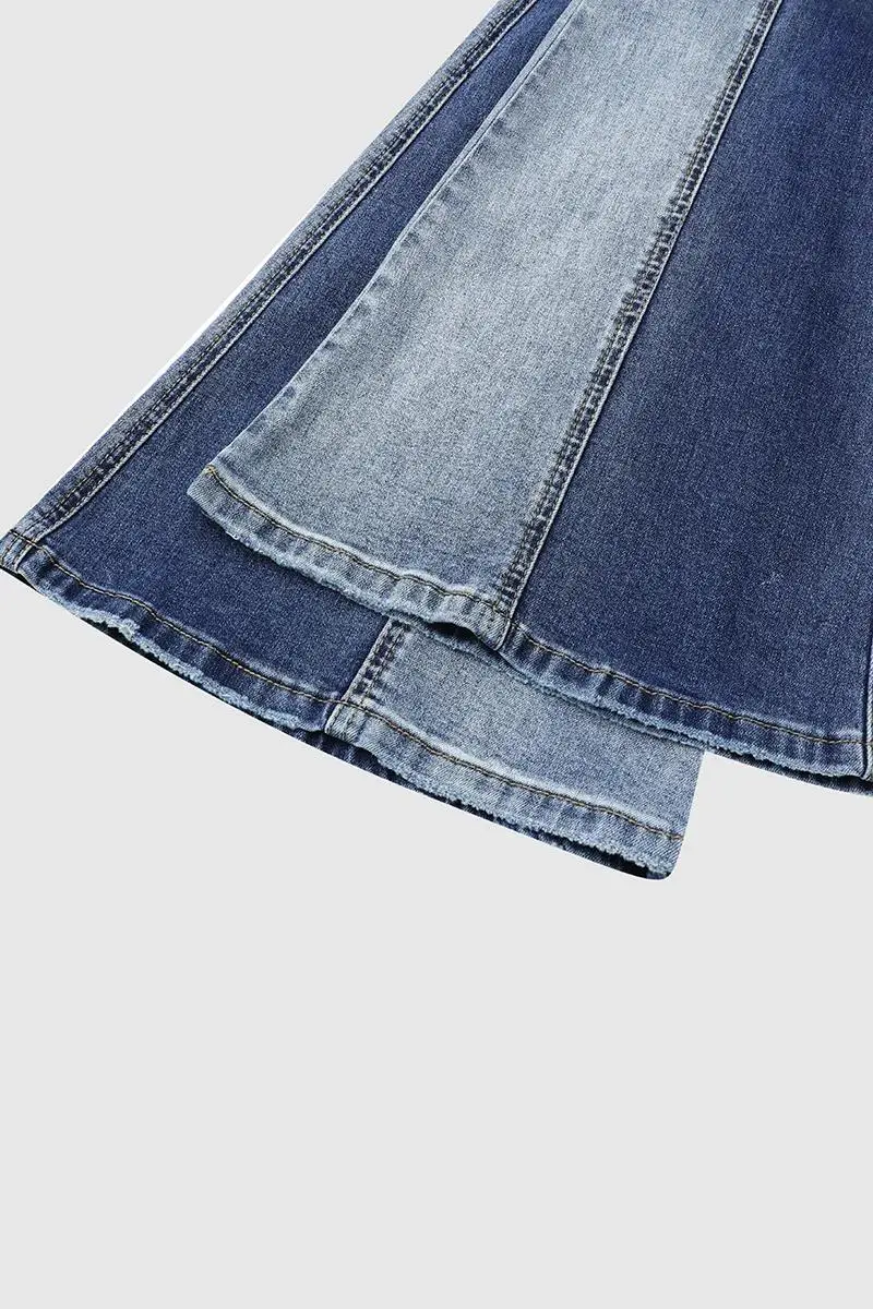 Cut & Sew Button Fly Mid Waist Flare Jeans