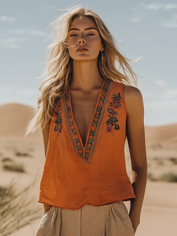 Women's Floral Bohemia Ethnic Style Linen V-neek Sleeveless Top