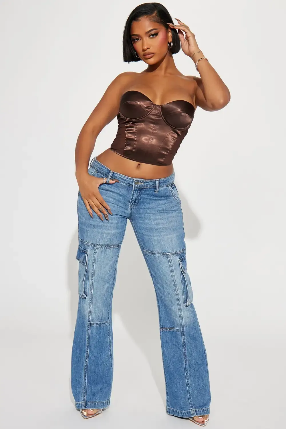 Dropping By Cargo Flare Jeans - Medium Wash