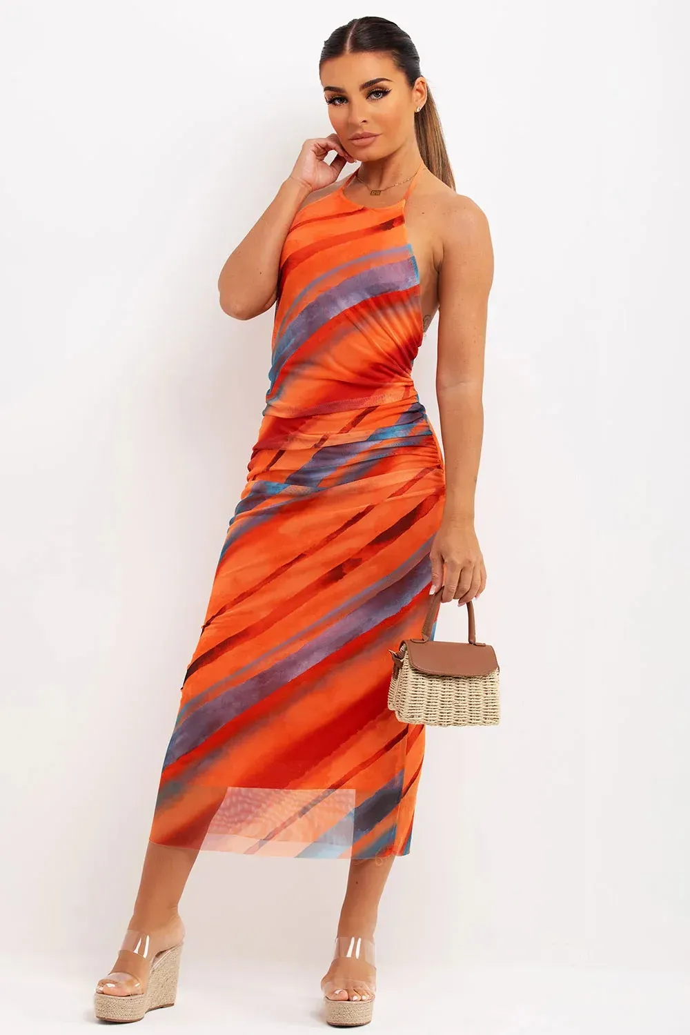 Printed Tulle Midi Dress Orange