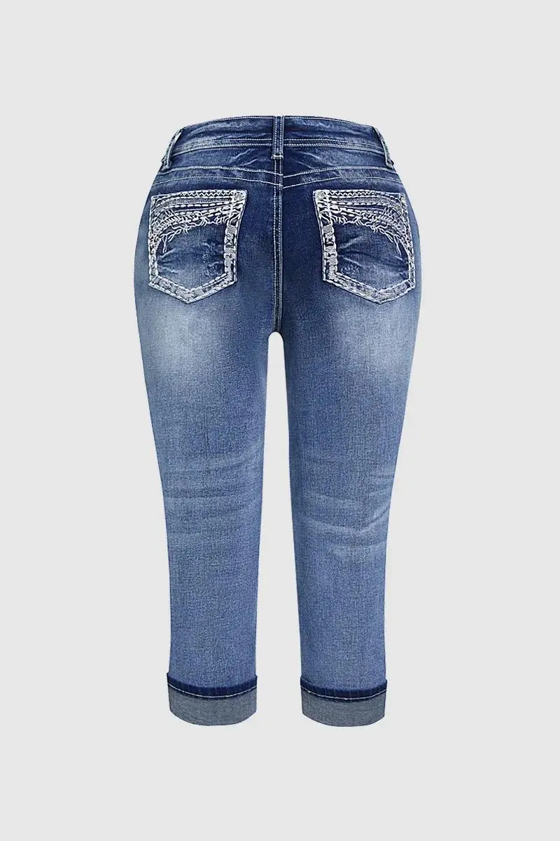 Embroidery Roll Hem Wash High Stretch Low Rise Capri Jeans