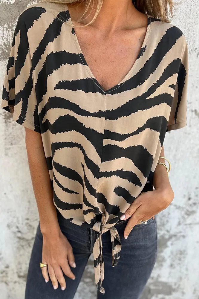 Women's leopard print V-neck strap casual T-shirt