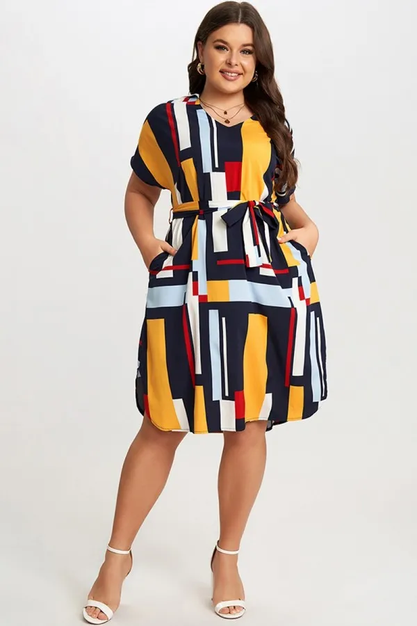Print Color Block Dolman Sleeve Belted Plus Size Midi Dress