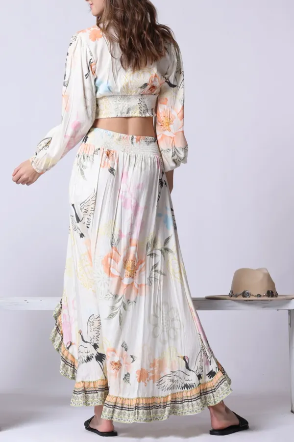 White And Multicolor Floral Print Crop Top And Asymmetrical Skirt Set