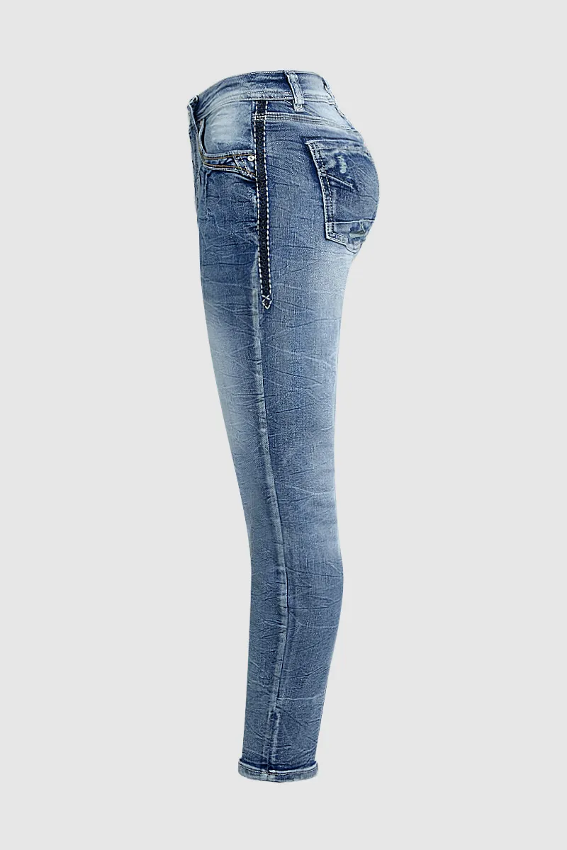 Roll Hem Wash High Stretch Mid Rise Capri Jeans